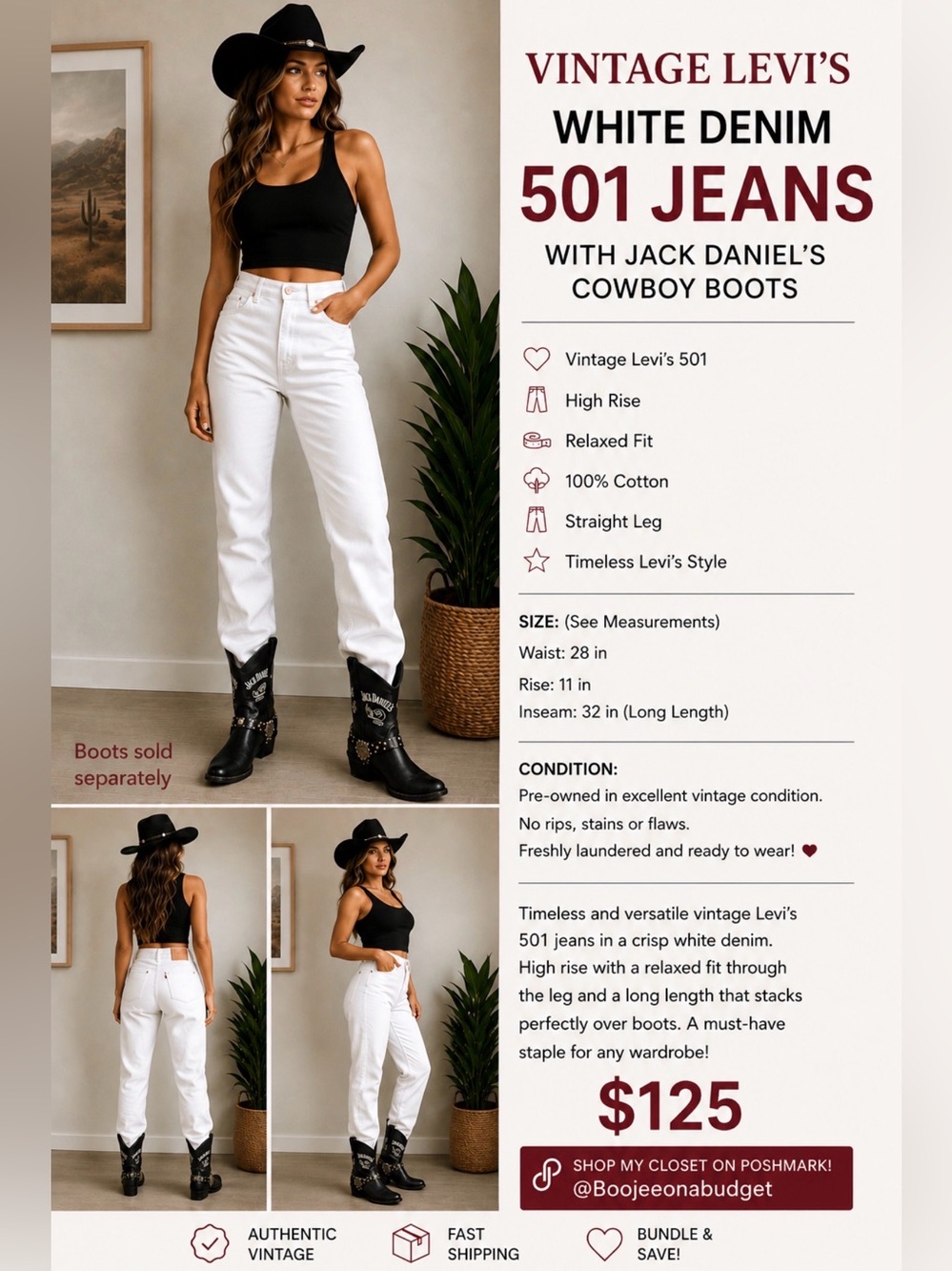 Levi's White High-Rise 501 Women’s Jeans. Vintage! Boots Sold Separately